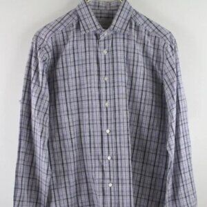 ETRO Men's Button Up Casual Cotton Grey Purple Plaid Paisley Design Shirt 41 L